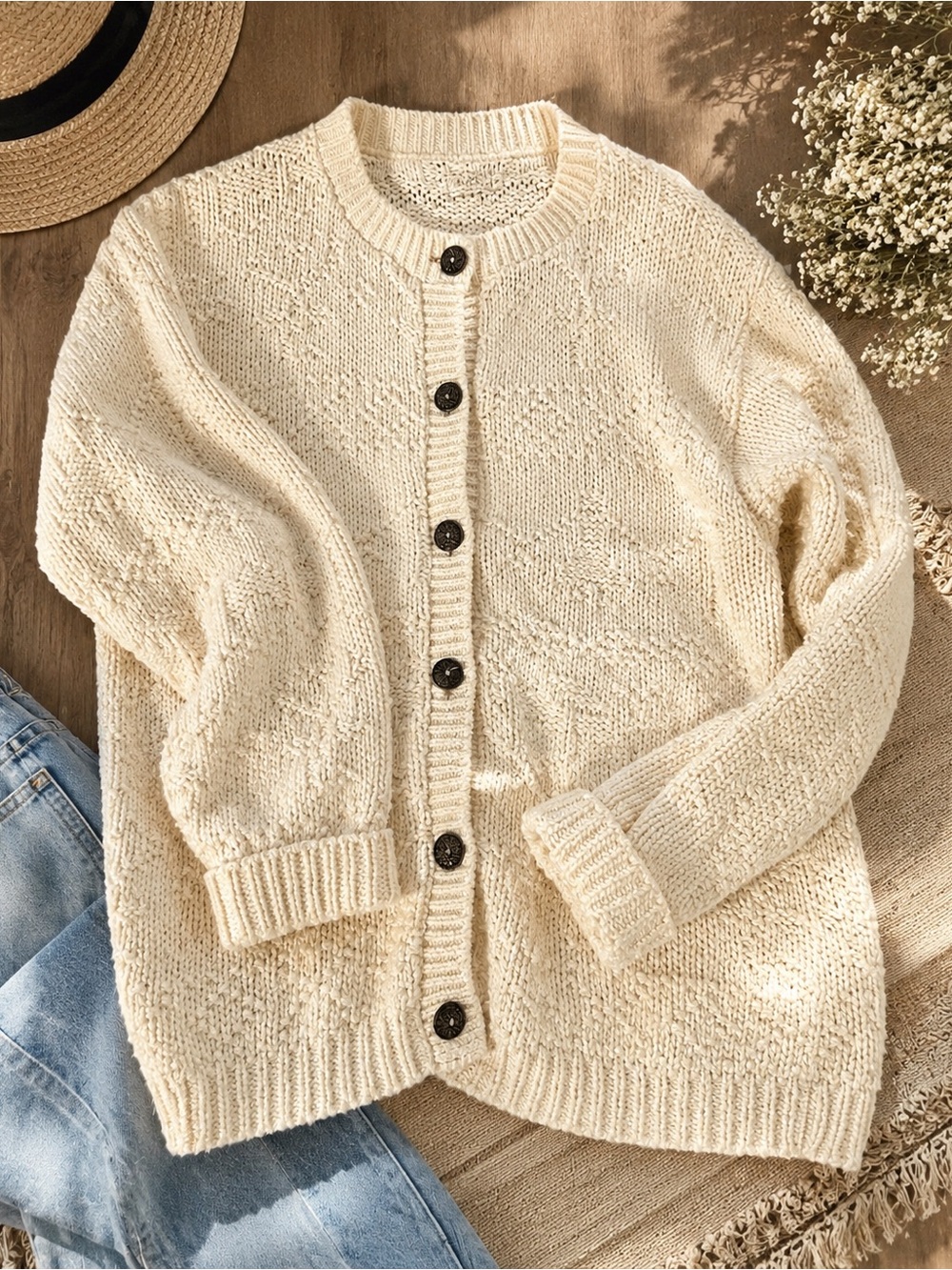 ALPS Cream Textured Knit Button Front Cardigan Sweater Size Small